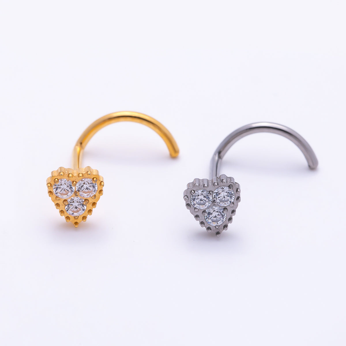 Titanium 4mm CZ Heart Cartilage Nose Single Piercing Flat Back Stud in Gold & Silver | Findings-00448 - Findings-00449