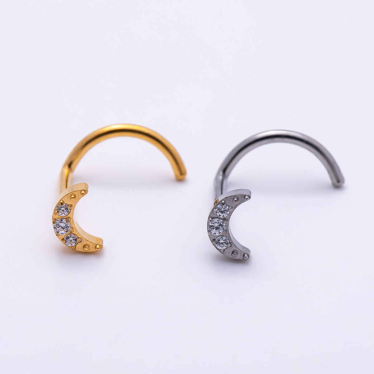 Titanium 4mm Crescent Moon Micro Paved CZ Cartilage Nose Single Piercing Stud in Gold & Silver | Findings-00444