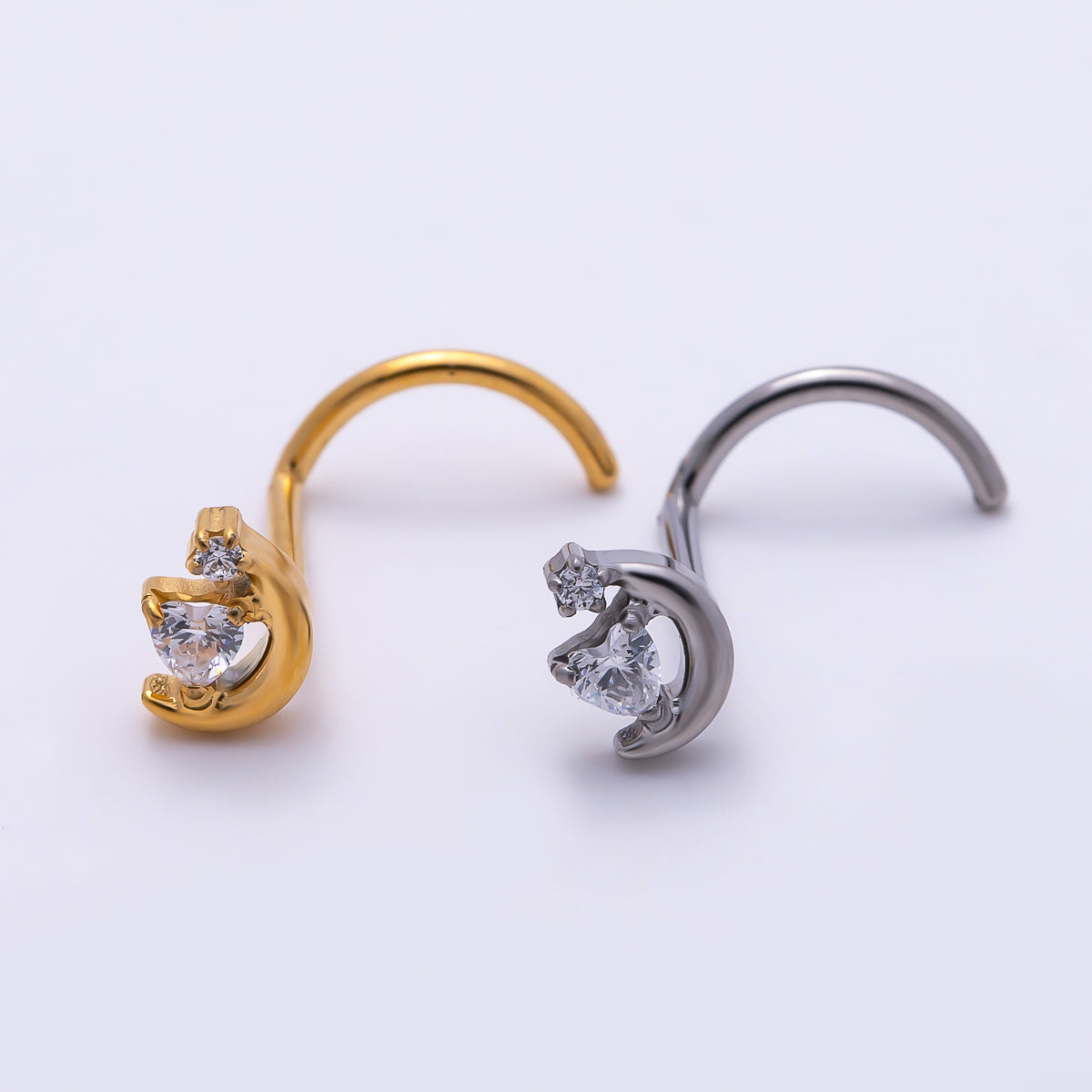 Titanium 8.8mm CZ Heart Celestial Crescent Moon Cartilage Nose Single Piercing Stud in Gold & Silver | Findings-00452 Findings-00453