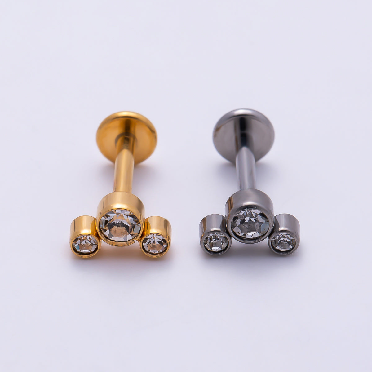 Titanium 11mm Triple Round CZ Bezel Cartilage Piercing Flat Back Stud in Gold & Silver | Findings-00433 Findings-00434