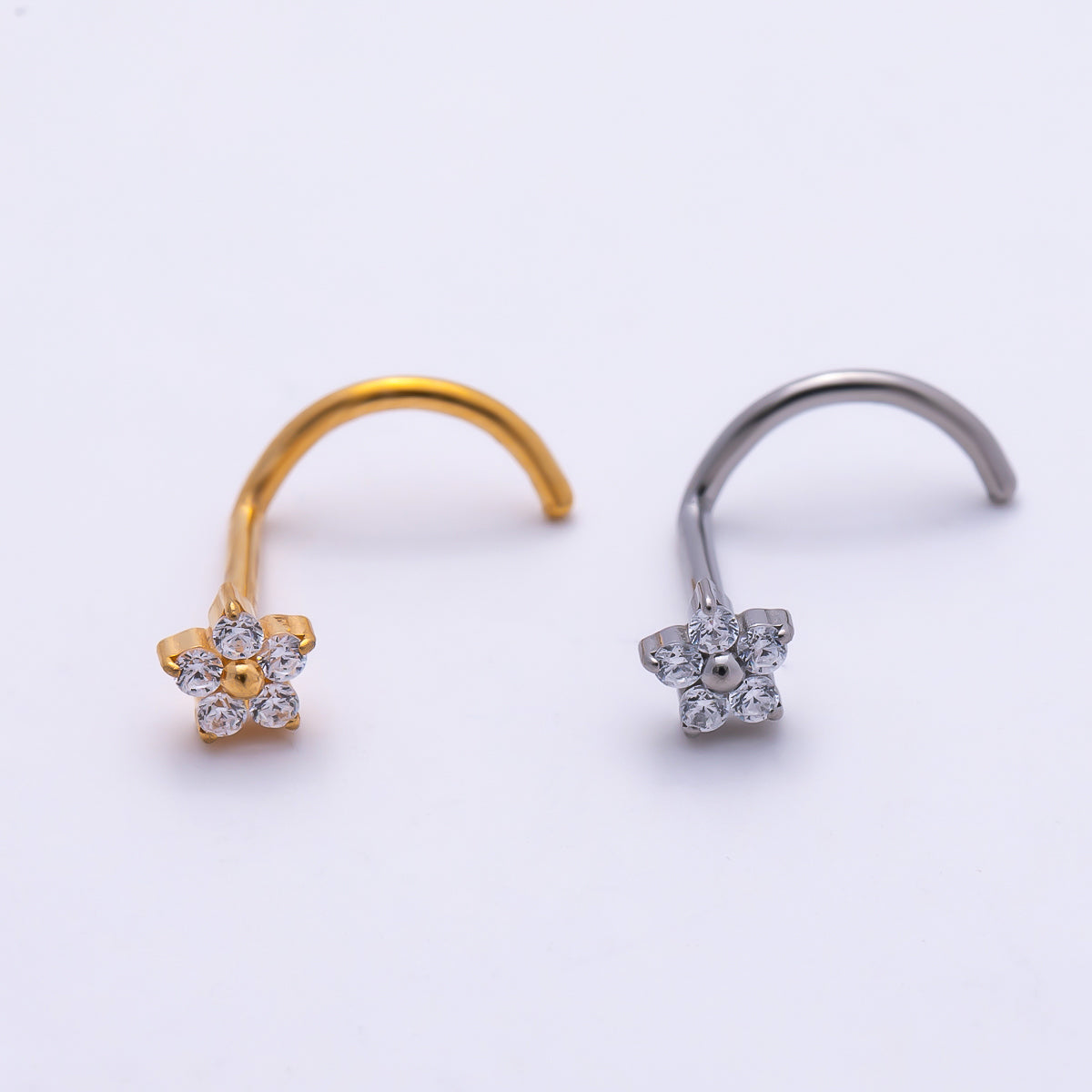Titanium 3mm Clear CZ Flower Cartilage Nose Single Piercing Stud in Gold & Silver | Findings-00454 Findings-00455