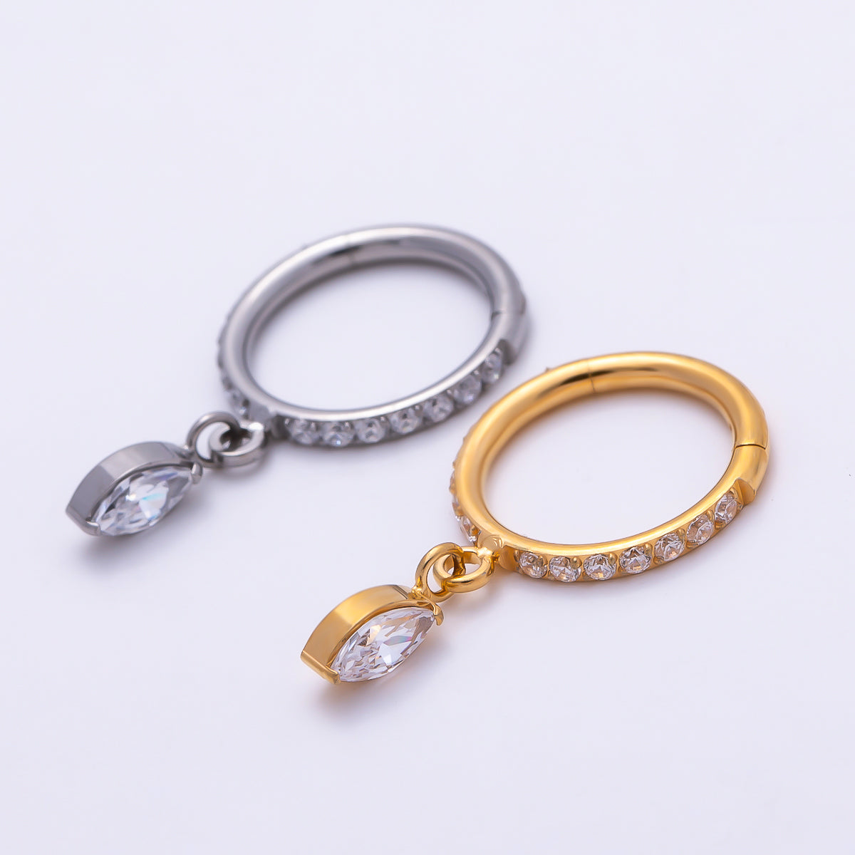 Titanium 10.5mm Marquise Micro Paved CZ Oval Universal Cartilage Piercing Clicker in Gold & Silver | Findings-00464 Findings-00465