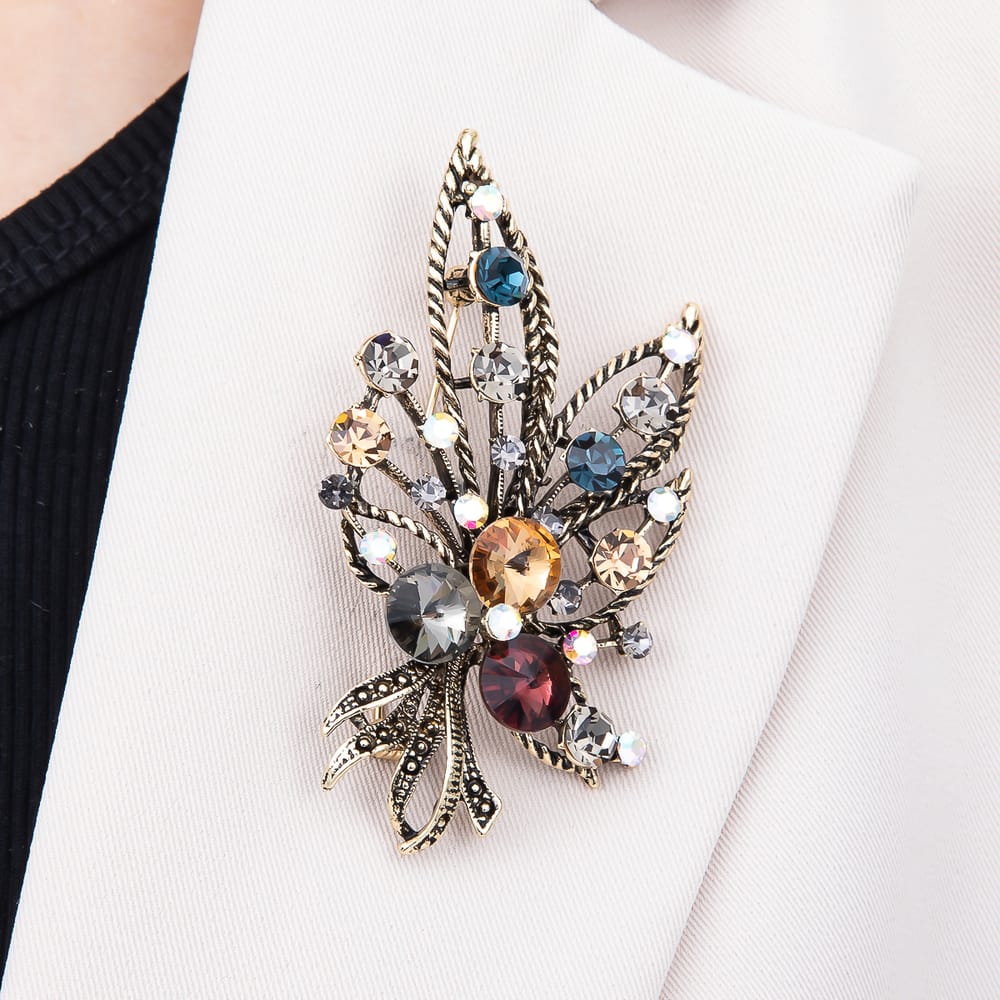Vintage Gold 47mm Multicolor Rhinestone Cluster Open Geometric Flower Pin Brooch | BH-00207