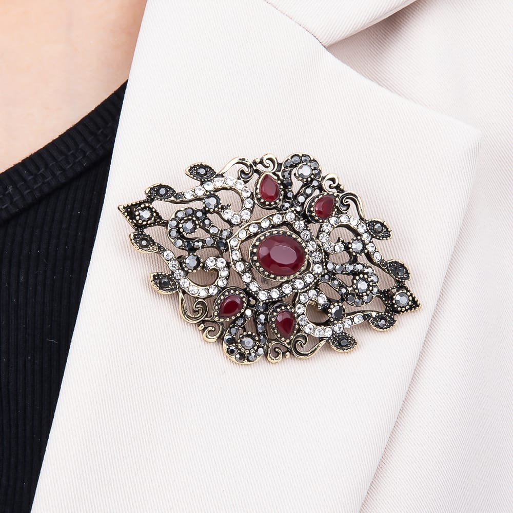 Vintage Gold 45mm Blue, Red, Green Rhinestone Oval Filigree Statement Pin Brooch | BH-00212