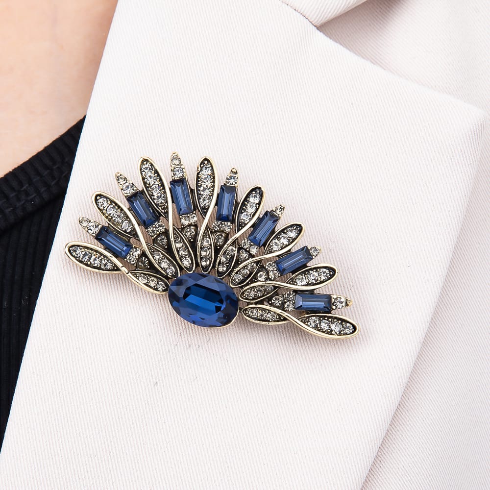Vintage Gold Green, Blue Rhinestone Geometric Feather Fan Pin Brooch | BH-00224 BH-00225