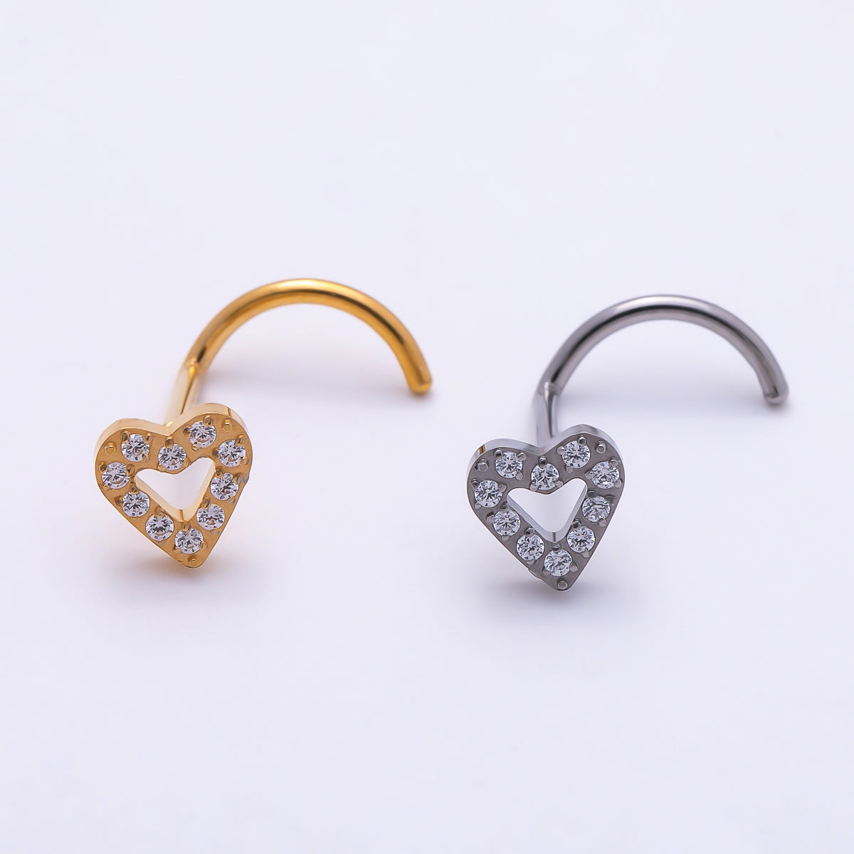 Titanium 4.5mm Open Heart Micro Paved CZ Cartilage Nose Single Piercing Stud in Gold & Silver | Findings-00446