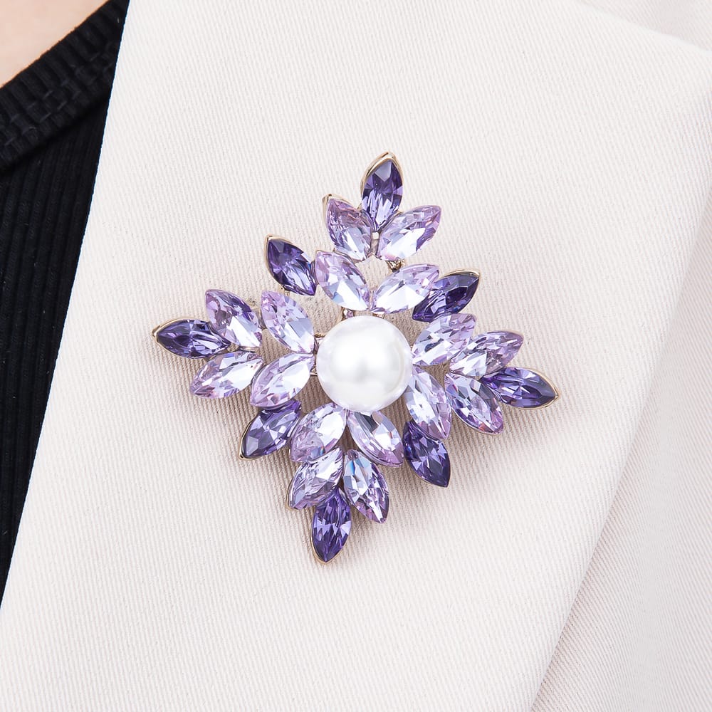 Silver 51mm Brown, Clear, Purple, Blue Rhinestone Shell Pearl Starburst Flower Pin Brooch | BH-00202 ~ BH-00205