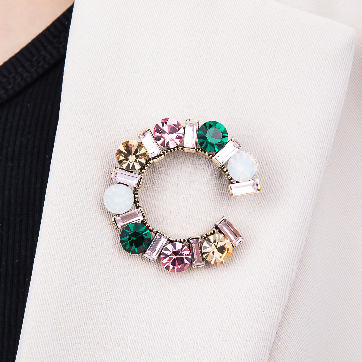 Vintage Gold Multicolor Rhinestone Baguette Round Crystal Circular Pin Brooch | BH-00226