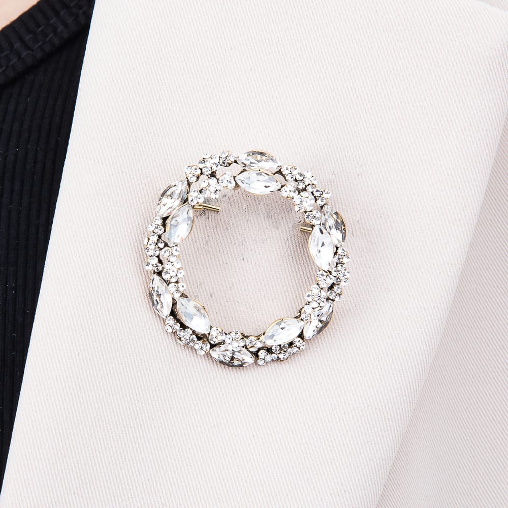 Vintage Gold Clear, Blue Marquise Rhinestone Leaf Flower Wreath Round Pin Brooch | BH-00221 BH-00222