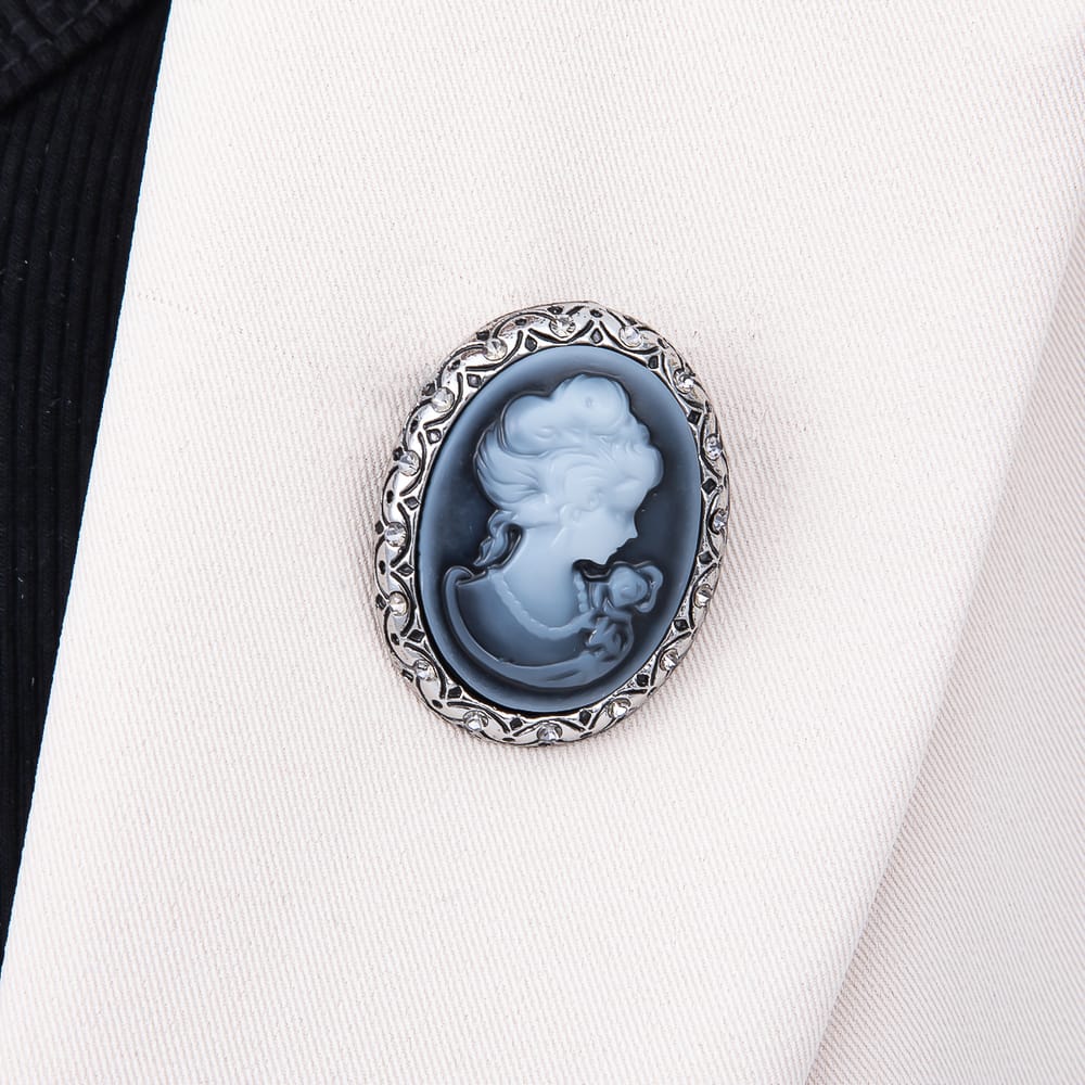 Silver Rhinestone Women Cameo Portrait Blue Oval Pin Brooch | BH-00209