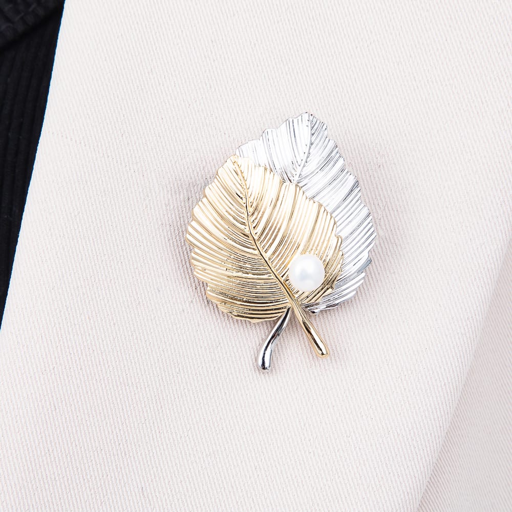 Mixed Metal Shell Pearl Lined Ribbed Leaf Pin Brooch | BH-00206