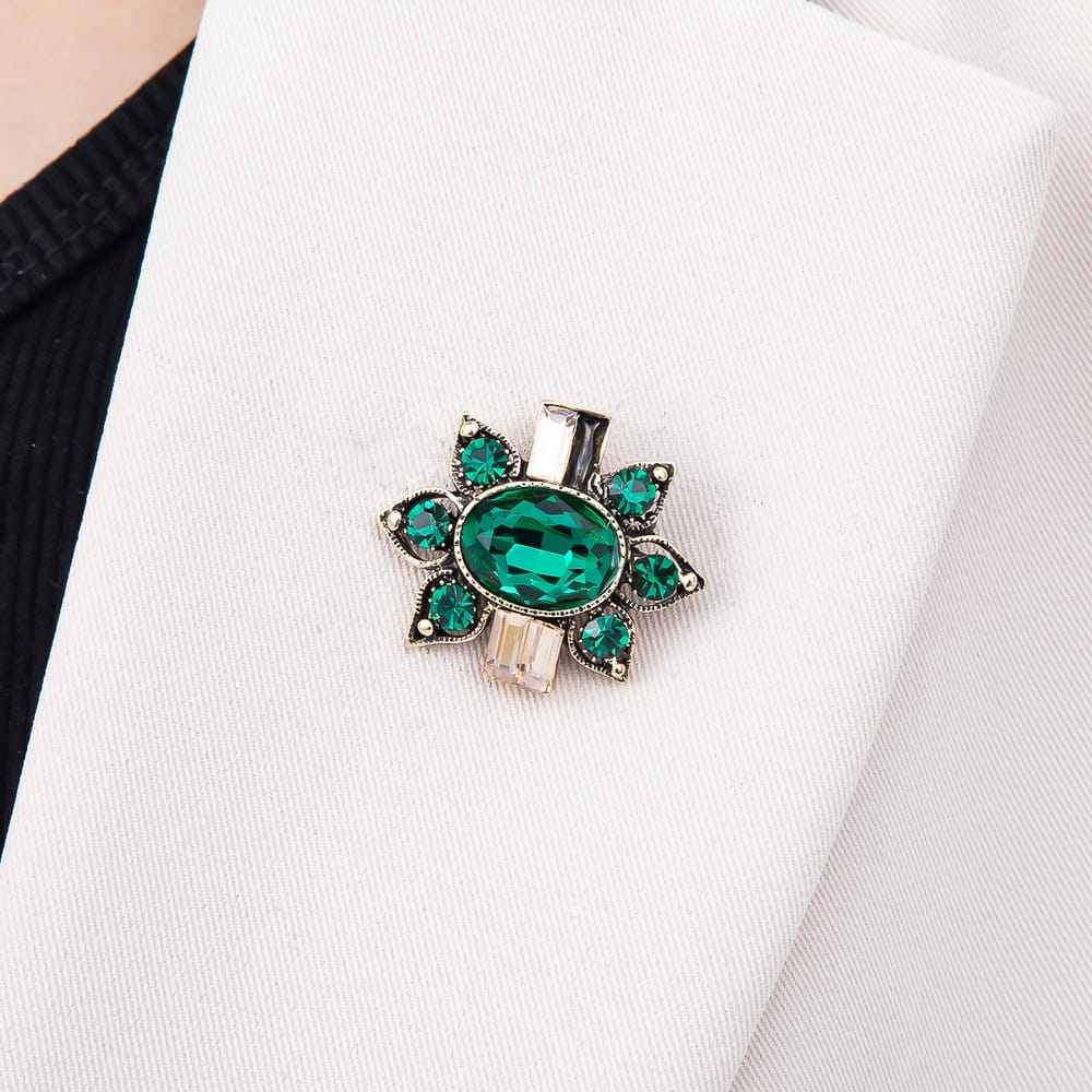 Vintage Gold Green, Pink, Blue Rhinestone Flower Starburst Pin Brooch | BH-00246 ~ BH-00248