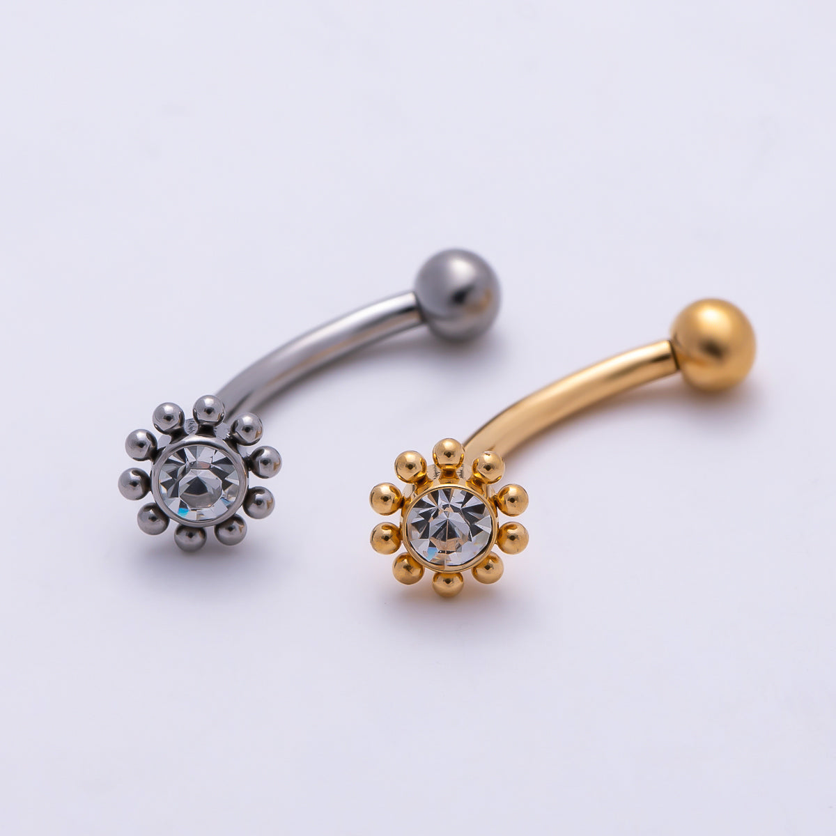 Titanium 5mm Clear CZ Flower Curved Eyebrow Barbell Piercing Stud in Gold & Silver | Findings-00460 Findings-00461