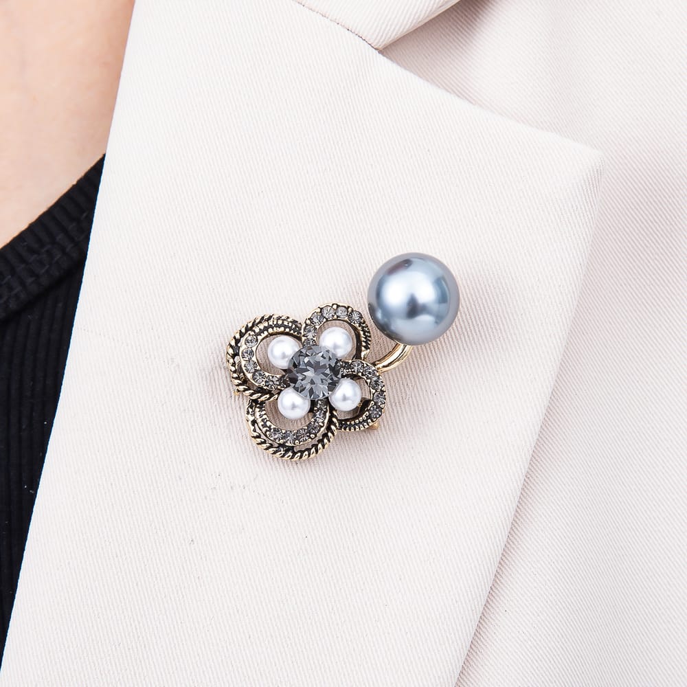 Vintage Gold 30mm White, Black Pearl Rhinestone Open Flower Drop Pin Brooch | BH-00227 BH-00228
