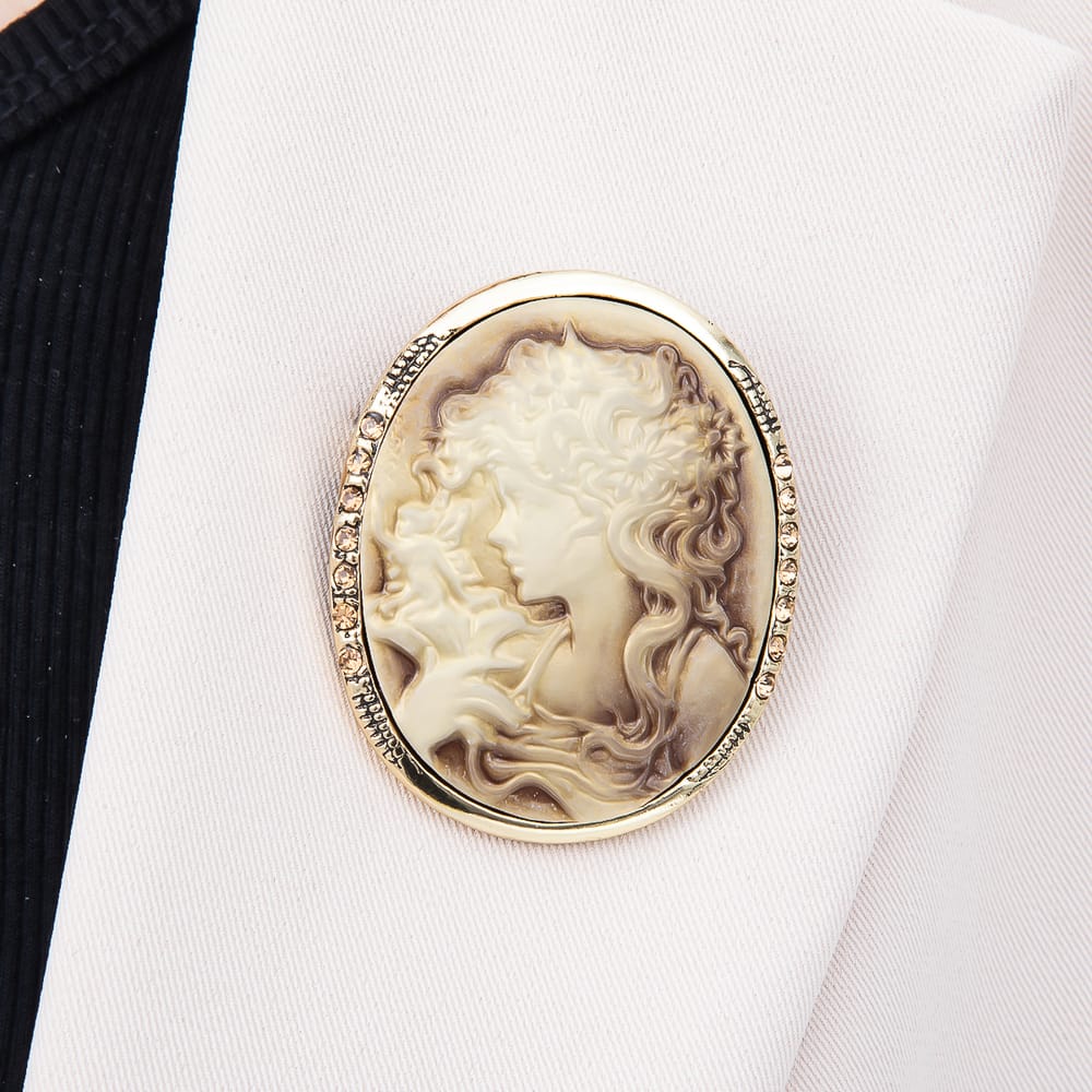 Vintage Gold Champagne Rhinestone Women Cameo Portrait Oval Pin Brooch | BH-00208