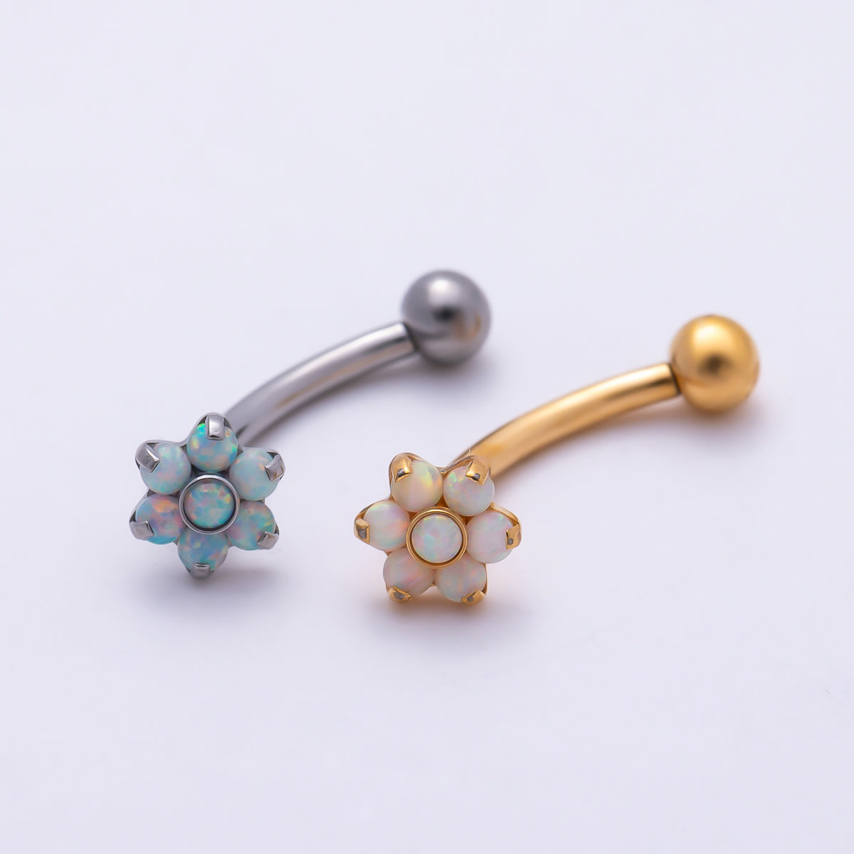 Titanium White Opal Flower Curved Eyebrow Barbell Piercing Stud in Gold & Silver | Findings-00458