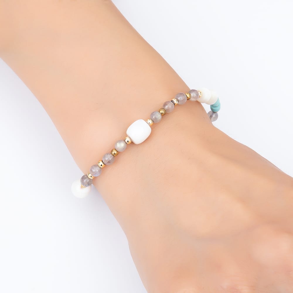 16K Gold Filled 4.5mm Blue Turquoise Labradorite Shell Pearl Round Gemstone Chain 18 Inch Necklace | WA-00631 WA-00639