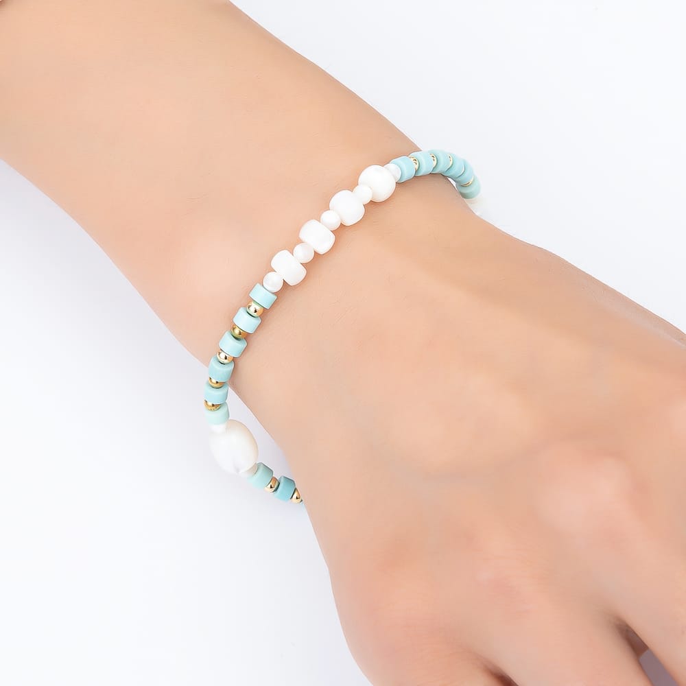 16K Gold Filled Blue Turquoise Rondelle Shell Pearl Gemstone Chain 18 Inch Necklace, 8 Inch Bracelet | WA-00602 WA-00637