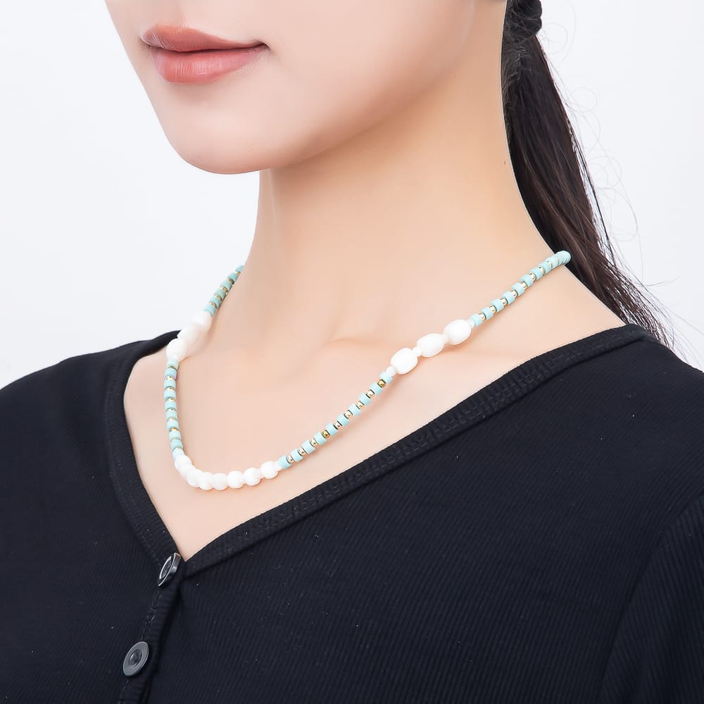 16K Gold Filled Blue Turquoise Rondelle Shell Pearl Gemstone Chain 18 Inch Necklace, 8 Inch Bracelet | WA-00602 WA-00637