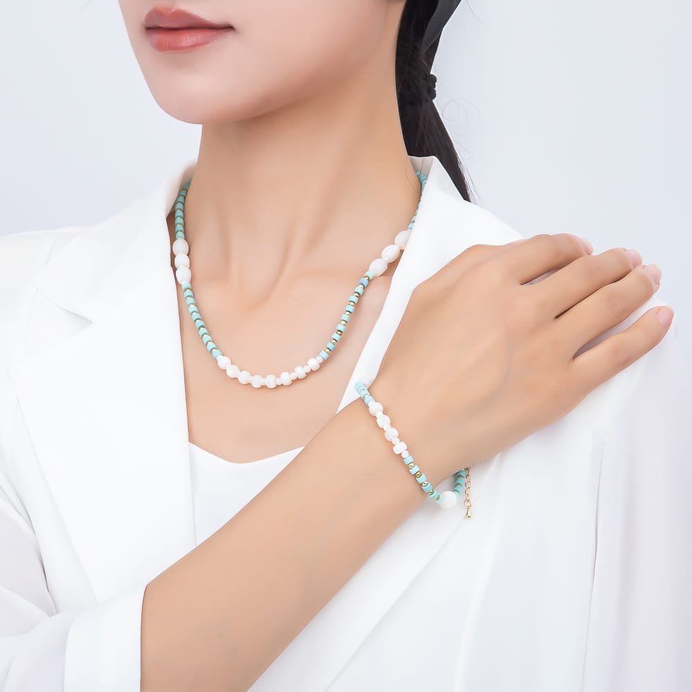 16K Gold Filled Blue Turquoise Rondelle Shell Pearl Gemstone Chain 18 Inch Necklace, 8 Inch Bracelet | WA-00602 WA-00637