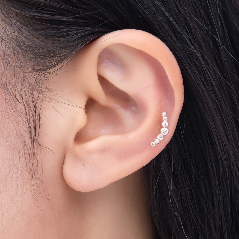 Titanium 13mm Clear Round CZ  Graduated Curved Cartilage Piercing Flat Back Stud in Gold & Silver | BJ-00259 - BJ-00260