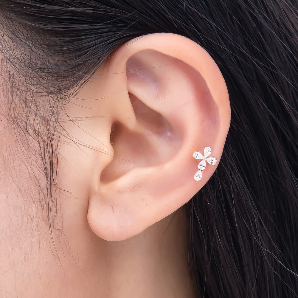 Titanium 6mm Clear CZ Teardrop Religious Cross Cartilage Piercing Flat Back Stud | BJ-00283