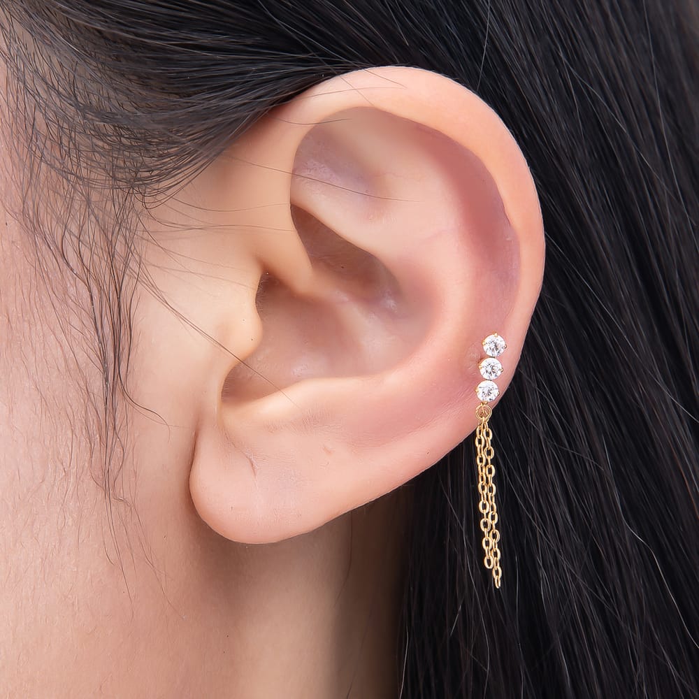 Titanium 32mm Clear CZ Round Triple Double Cable Chain Drop Cartilage Piercing Flat Back Stud | BJ-00281