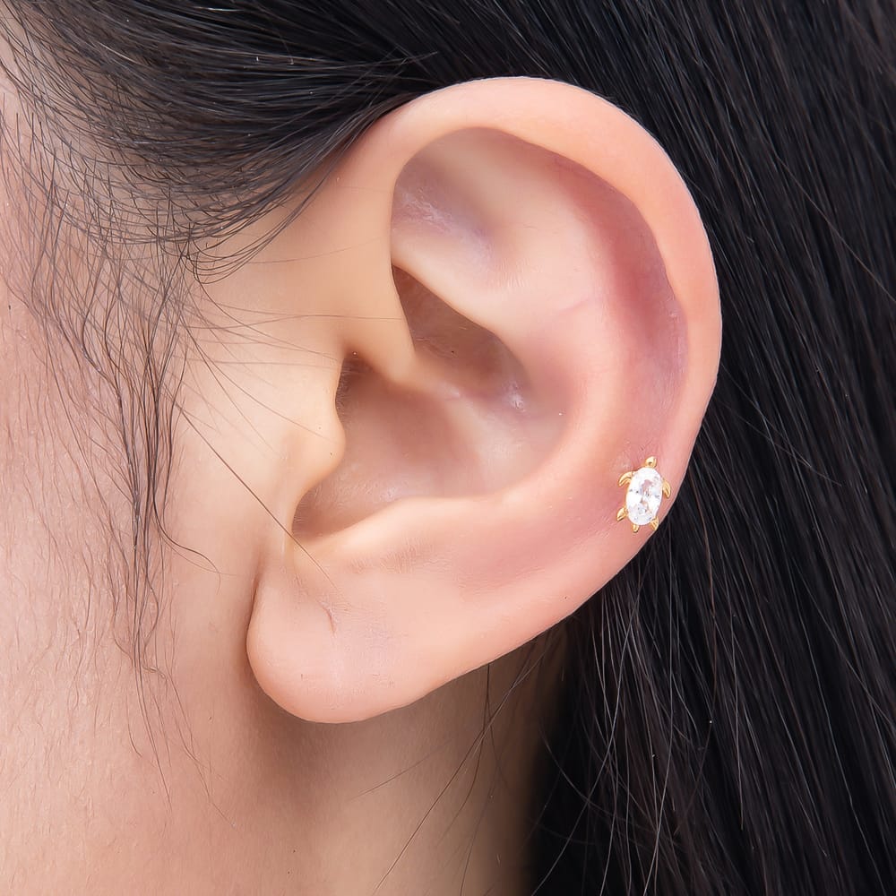 Titanium 7mm Oval CZ Sea Turtle Cartilage Piercing Flat Back Stud in Gold & Silver | BJ-00263 BJ-00264