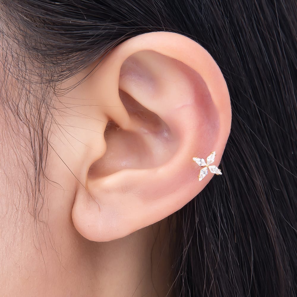 Titanium 9mm Clear Edged Marquise CZ Star Flower Cartilage Piercing Flat Back Stud in Gold & Silver | BJ-00279 BJ-00280