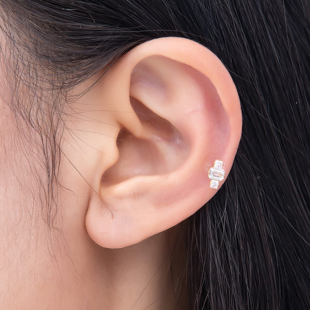 Titanium 7mm Clear CZ Triple Baguette Cartilage Piercing Flat Back Stud in Gold & Silver | BJ-00277 BJ-00278