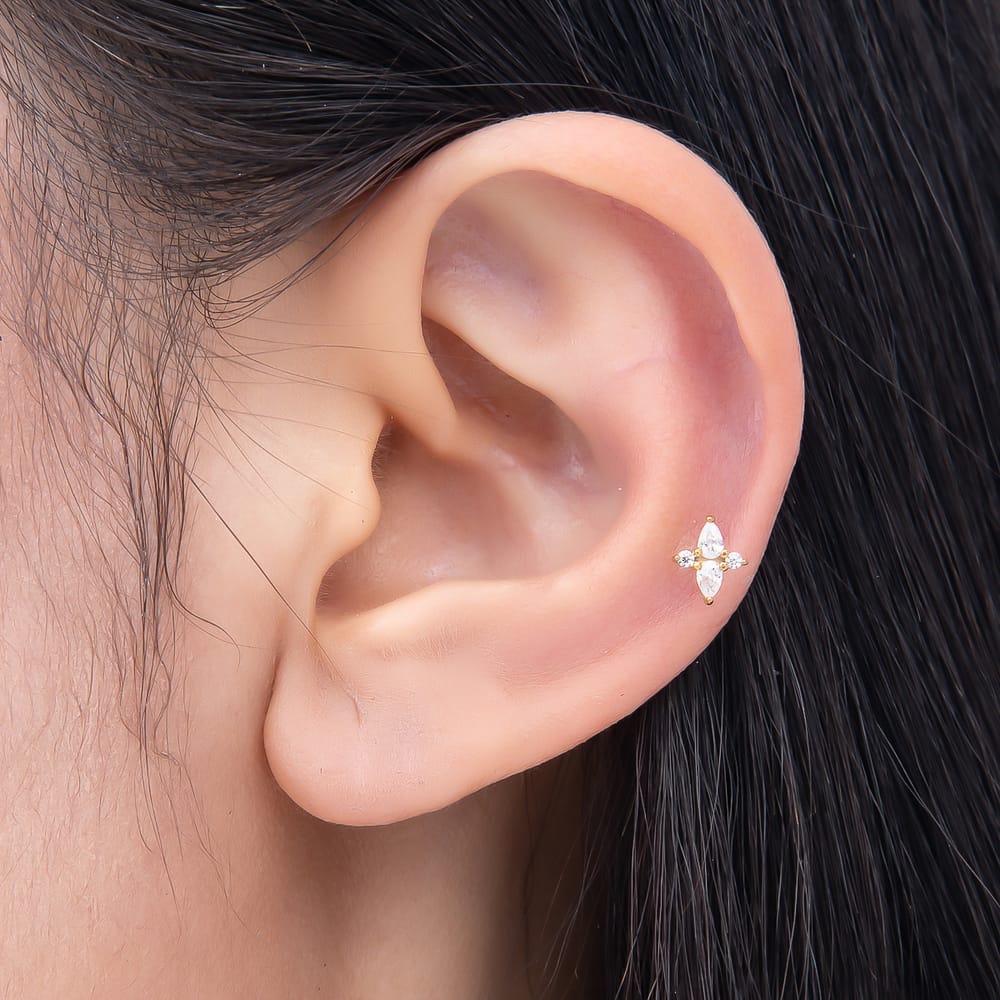 Titanium 7mm Clear CZ Teardrop Spiked Cartilage Piercing Flat Back Stud in Gold & Silver | BJ-00327 BJ-00328