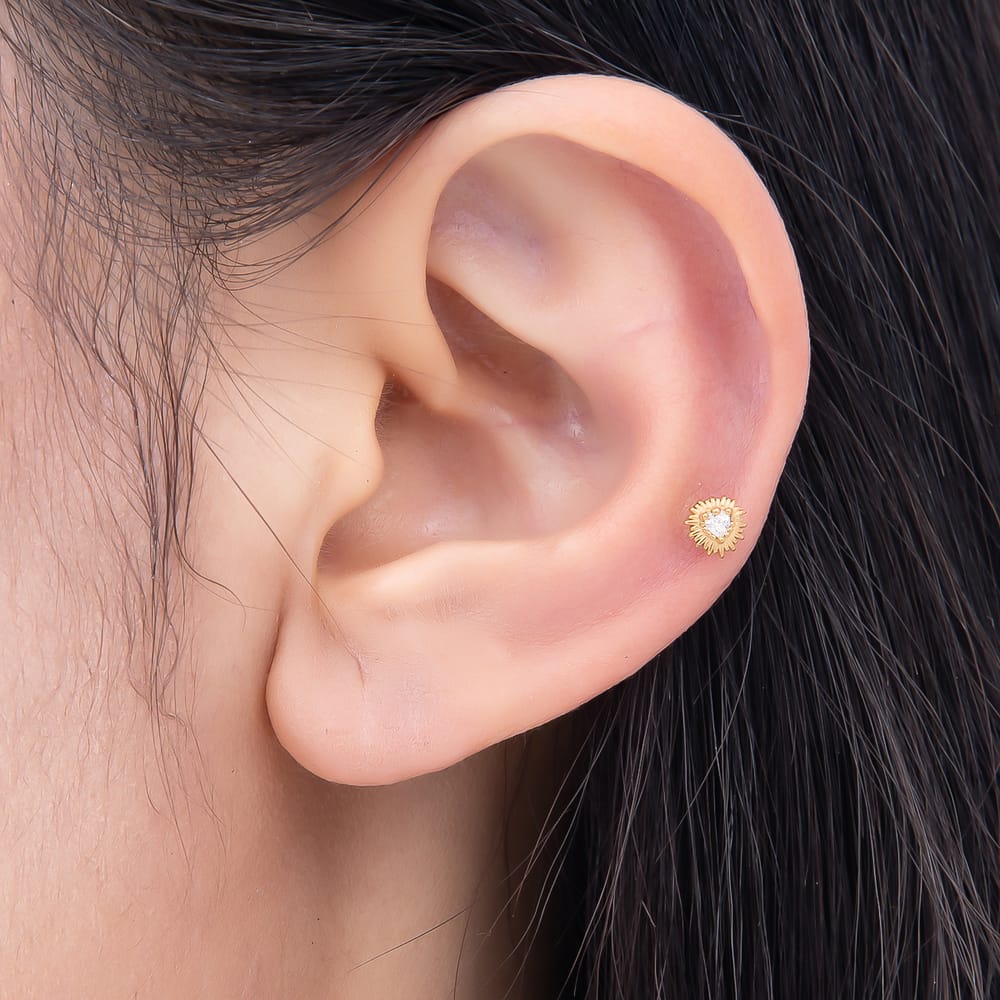 Titanium 5mm CZ Heart Sunburst Cartilage Piercing Flat Back Stud in Gold & Silver | BJ-00325 BJ-00326