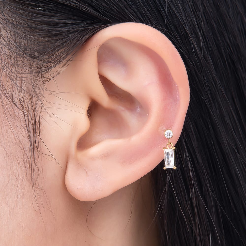 Titanium 12mm Clear CZ Round Baguette Drop Cartilage Piercing Flat Back Stud in Gold & Silver | BJ-00319 BJ-00320