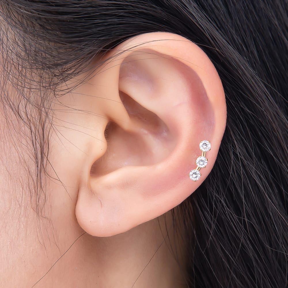 Titanium 4mm Clear CZ Triple Round Curved Cartilage Piercing Flat Back Stud in Gold & Silver | BJ-00305 BJ-00306