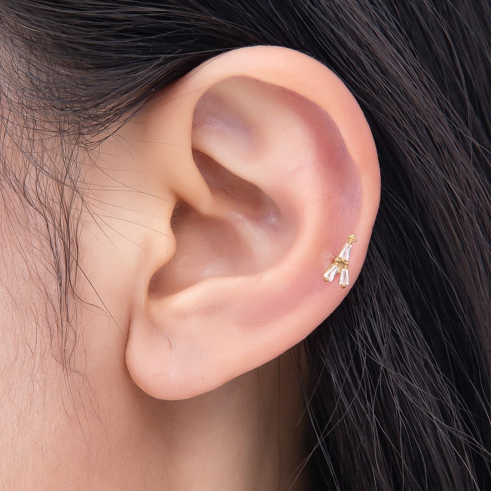 Titanium 9mm Clear CZ Baguette Triple Cartilage Piercing Flat Back Stud in Gold & Silver | BJ-00331 BJ-00332
