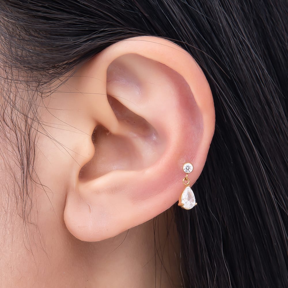 Titanium 13mm Clear CZ Round Teardrop Drop Cartilage Piercing Flat Back Stud in Gold & Silver | BJ-00315 BJ-00316