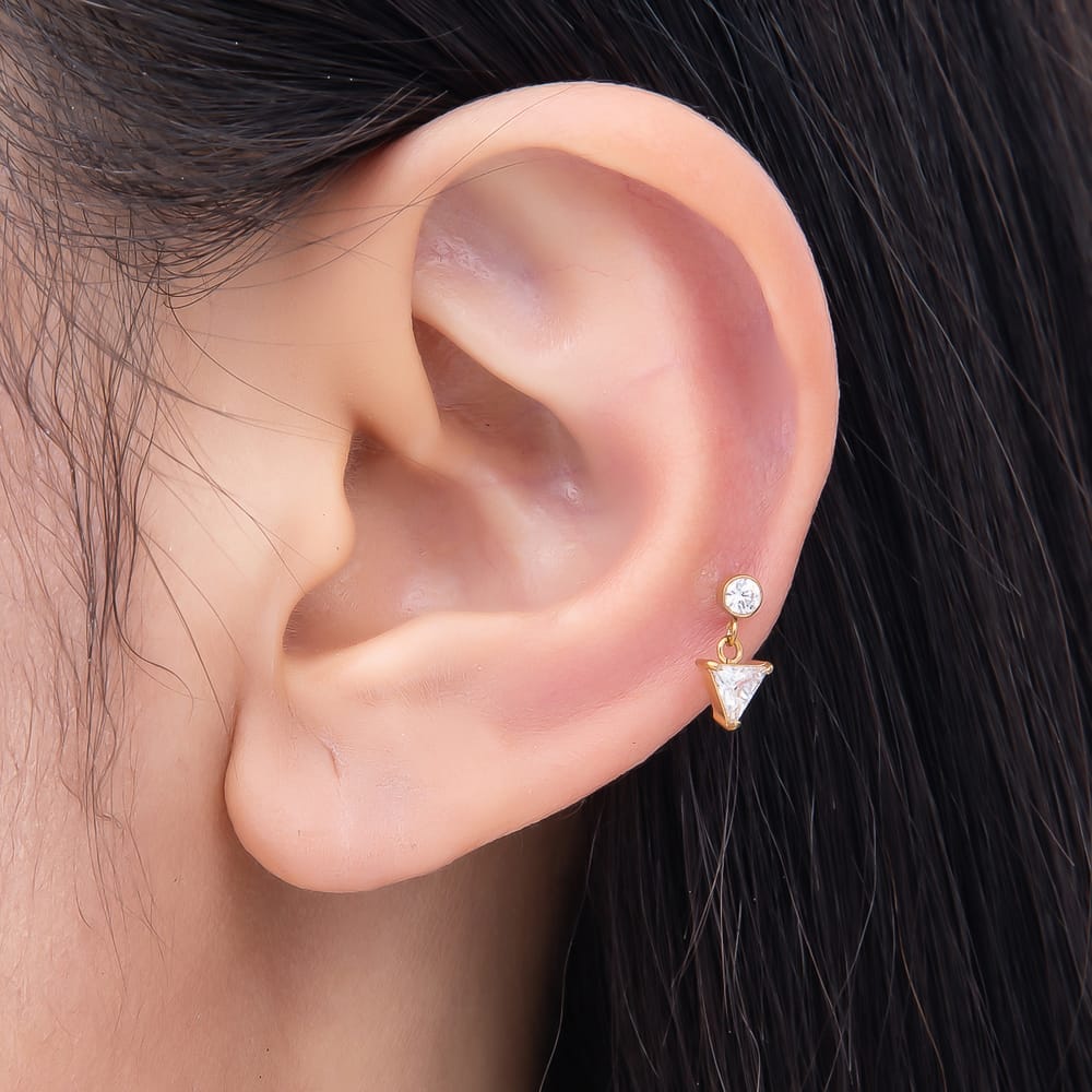 Titanium 10mm Clear CZ Round Triangle Drop Cartilage Piercing Flat Back Stud in Gold & Silver | BJ-00309 BJ-00310