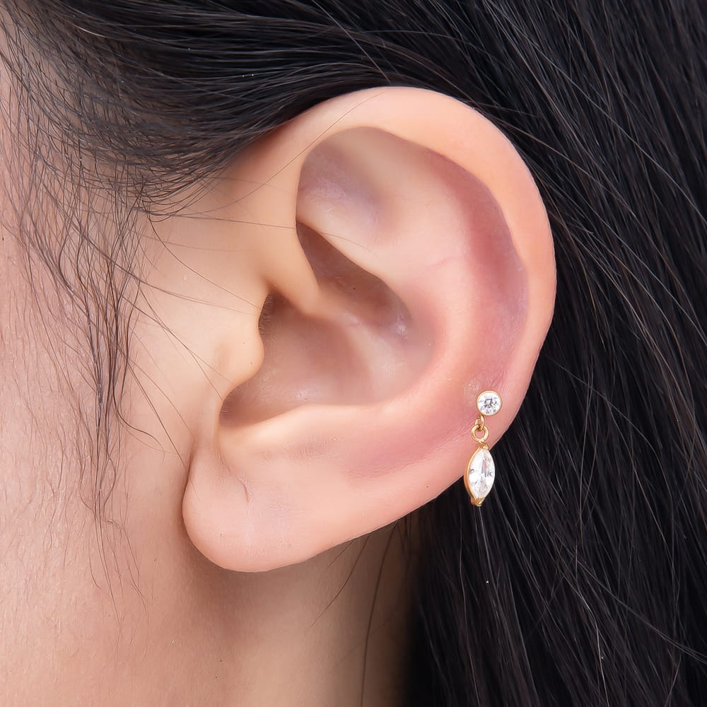 Titanium 13mm Clear CZ Round Marquise Drop Cartilage Piercing Flat Back Stud in Gold & Silver | BJ-00317 BJ-00318