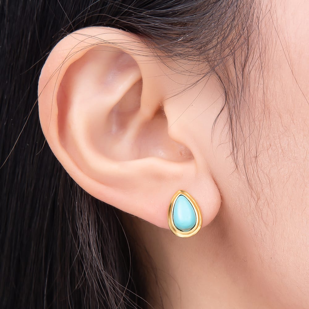 16K Gold Filled 13mm Blue Turquoise Teardrop Bezel Stud Earrings | Earrings-01253