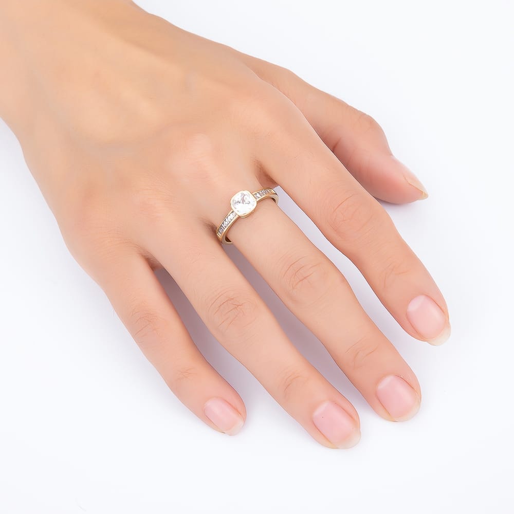 16K Gold Filled Clear CZ Square Baguette Lined Solitaire Ring | Rings-00439