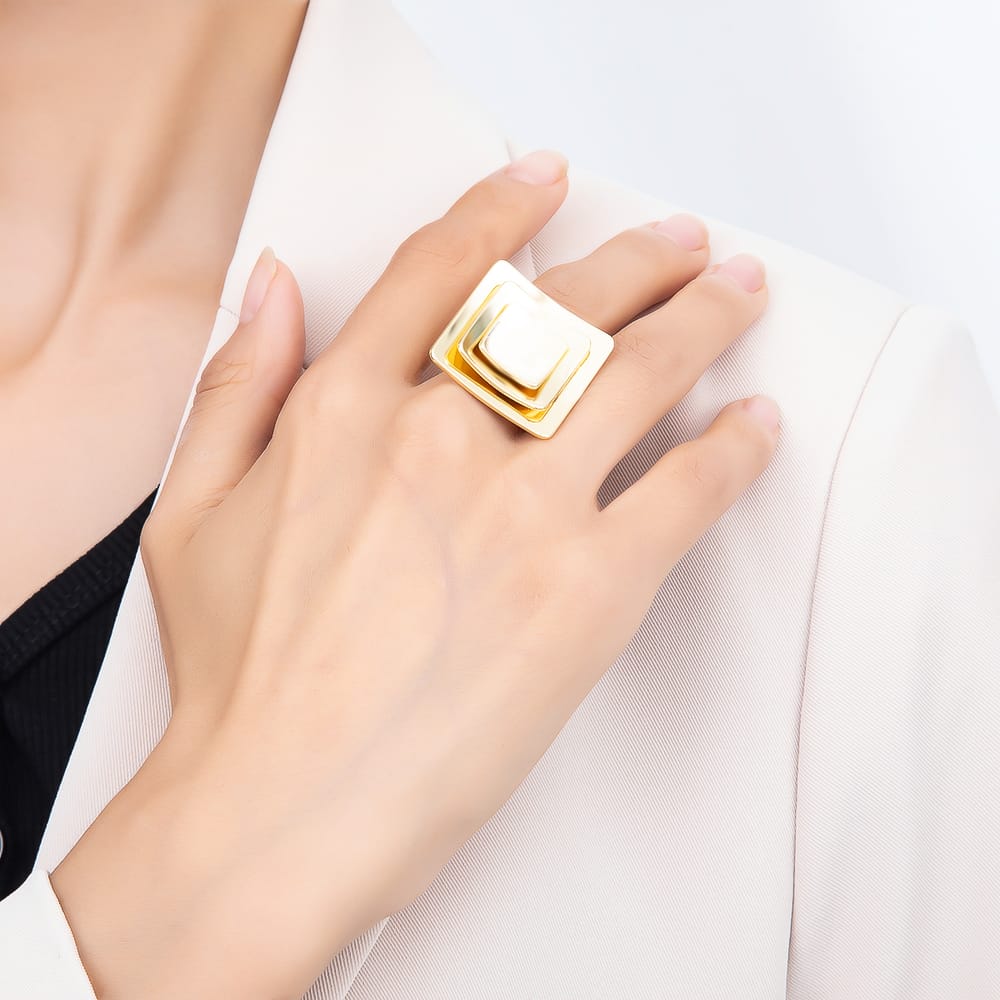16K Gold Filled Concave Multi Layer Square Geometric Ring | Rings-00348