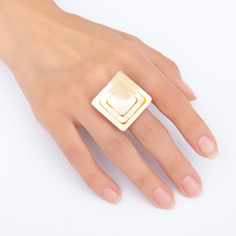 16K Gold Filled Concave Multi Layer Square Geometric Ring | Rings-00348