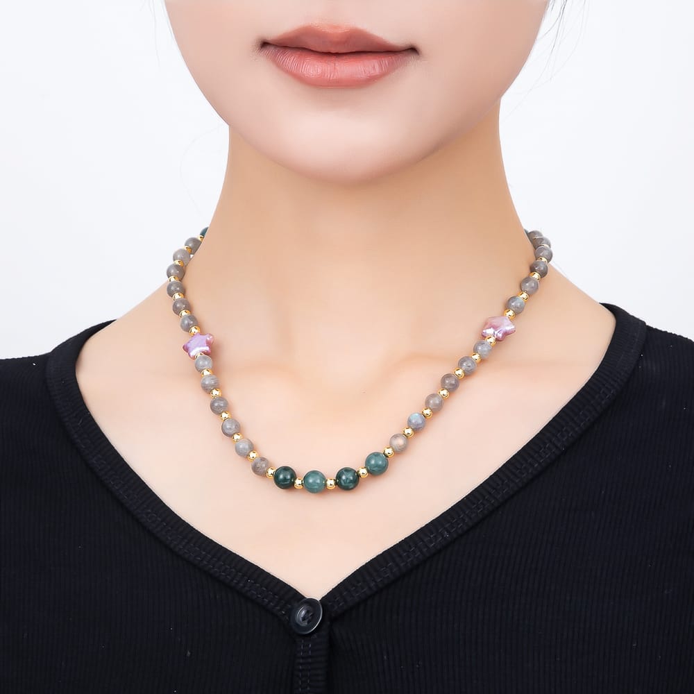 16K Gold Filled 6.5mm Purple Star Freshwater Pearl Aventurine Labradorite Round Gemstone Chain 17 Inch Necklace | WA-00422