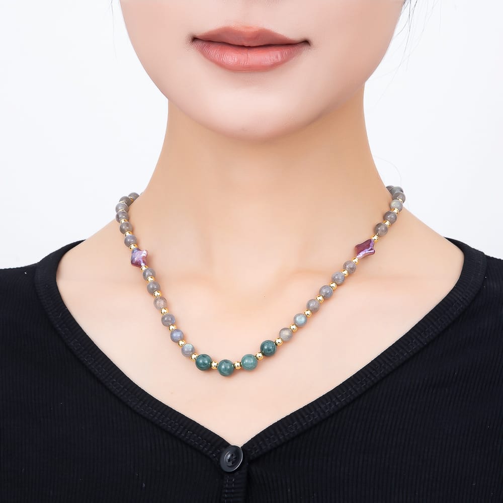 16K Gold Filled 6.5mm Purple Freshwater Pearl Aventurine Labradorite Round Gemstone Chain 17.5 Inch Necklace | WA-00517
