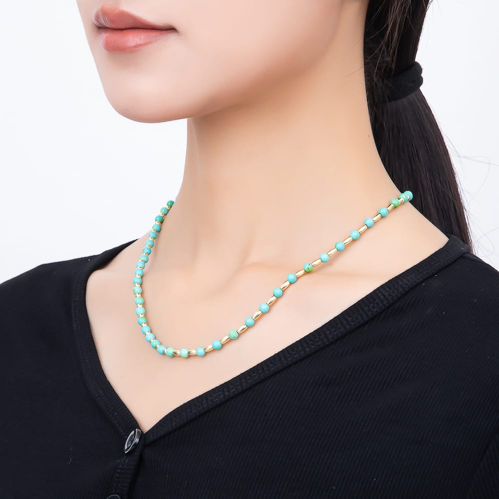 16K Gold Filled 4.5mm Blue Turquoise Round Bead Gemstone Chain 18 Inch Necklace, 8 Inch Bracelet  | WA-00329 WA-00643