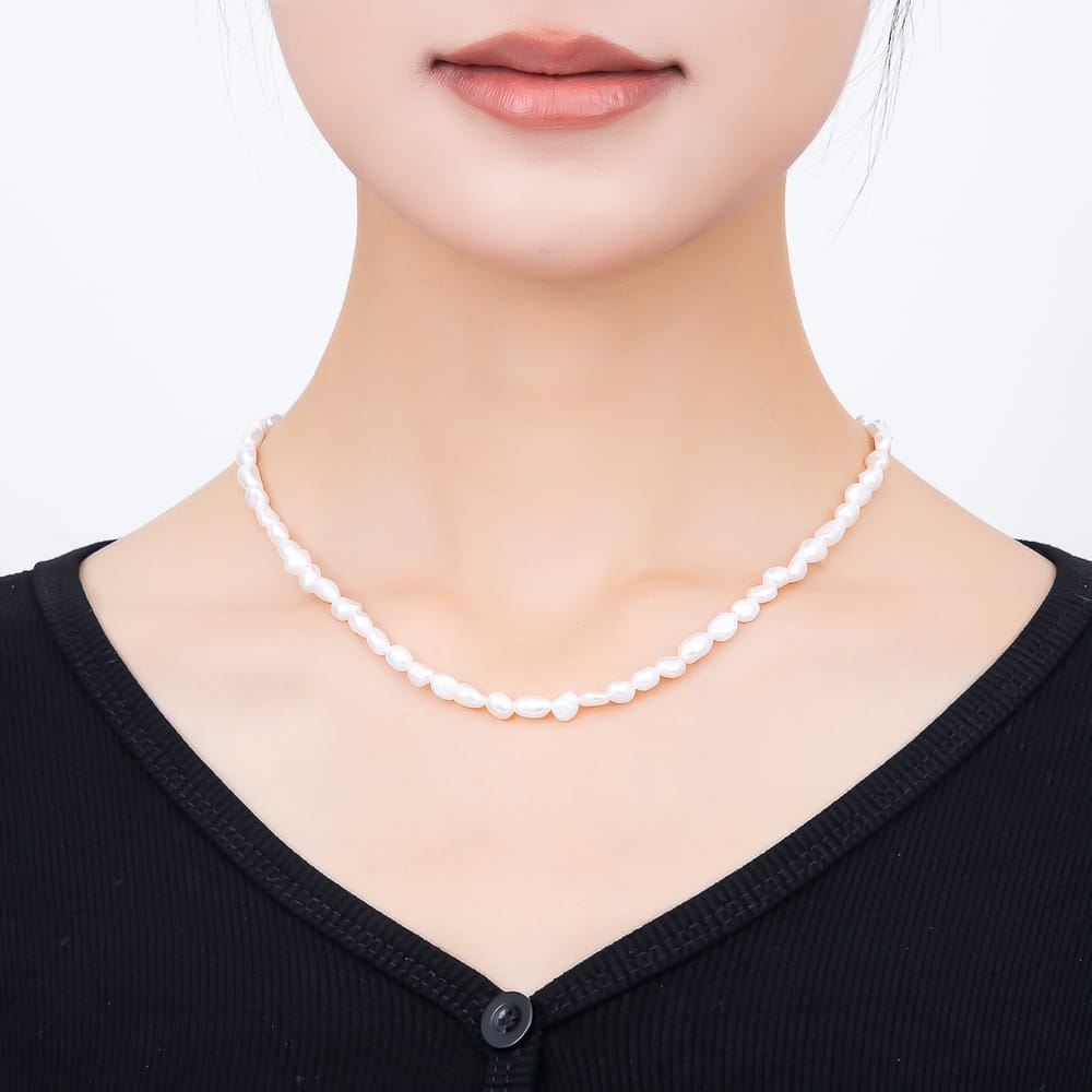 16K Gold Filled 5mm White Oval Freshwater Pearl Gemstone Chain 16 Inch Choker Necklace | WA-00309