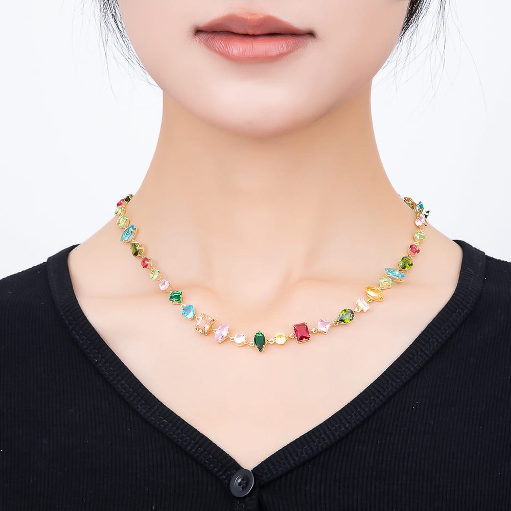 16k Gold Filled 6mm Multicolor Multi Cut CZ Tennis Gemstone Chain 17 Inch Necklace | WA-00181