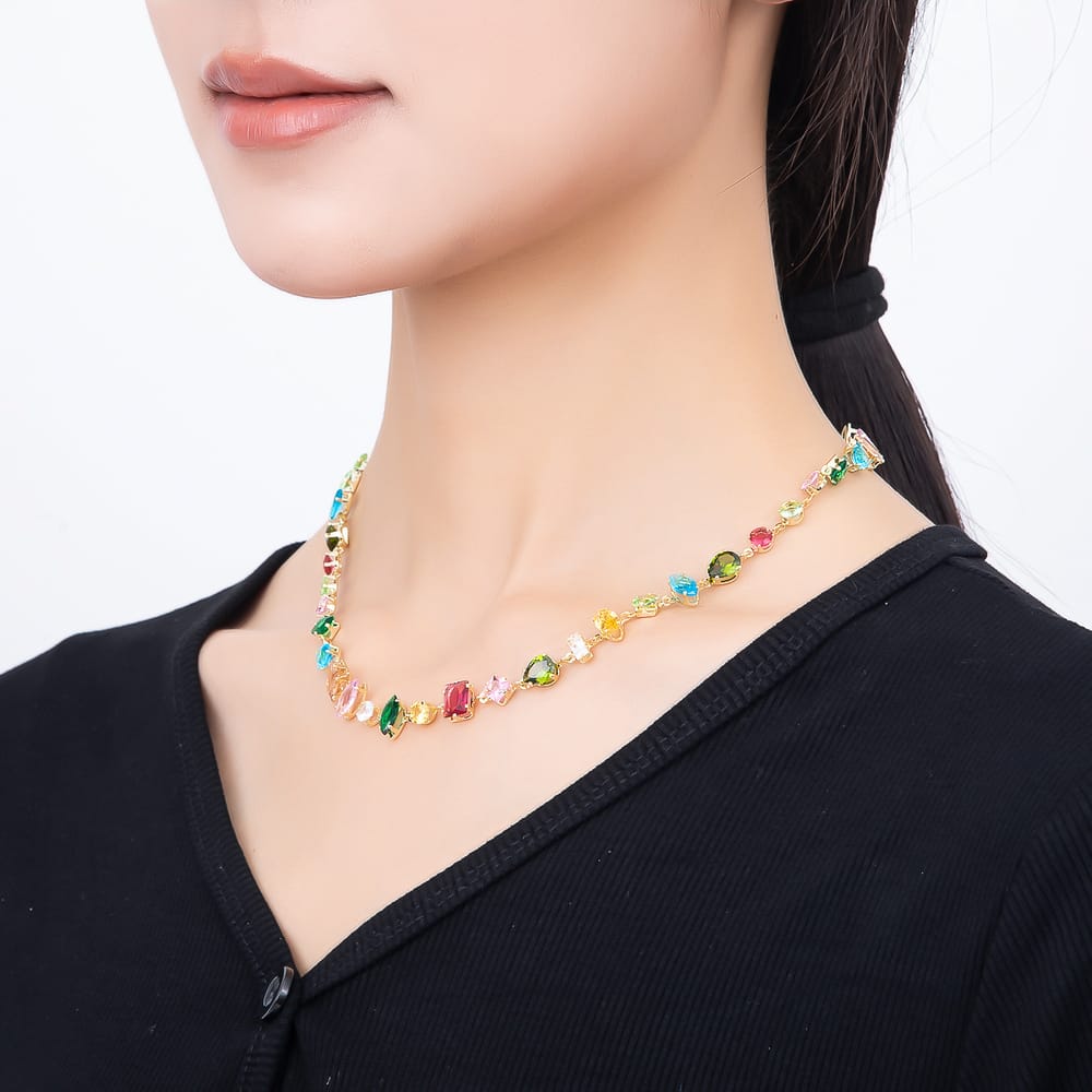 16k Gold Filled 6mm Multicolor Multi Cut CZ Tennis Gemstone Chain 17 Inch Necklace | WA-00181