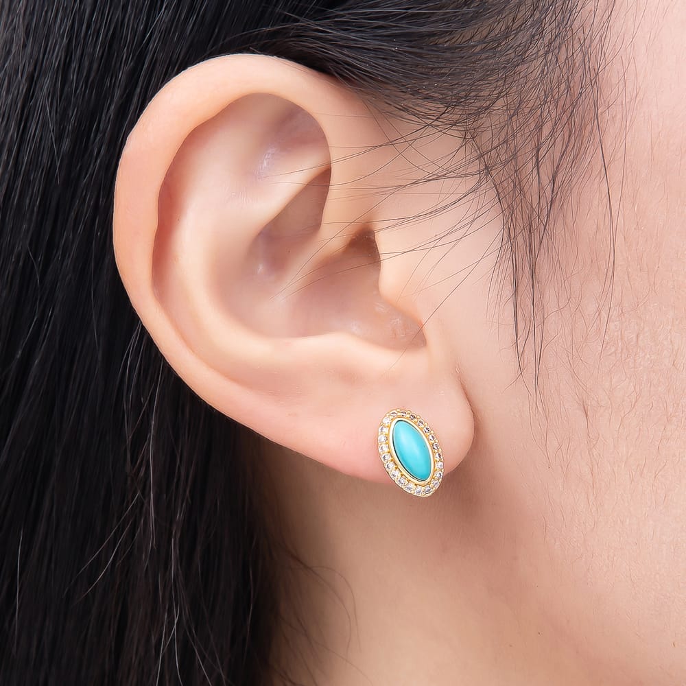 16K Gold Filled 12mm Blue Turquoise Micro Paved CZ Navette Marquise Bezel Stud Earrings | Earrings-01168