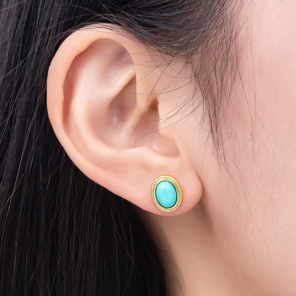 16K Gold Filled 15mm Turquoise Oval Cabochon Stud Earrings in Gold & Silver | Earrings-01223 Earrings-01224
